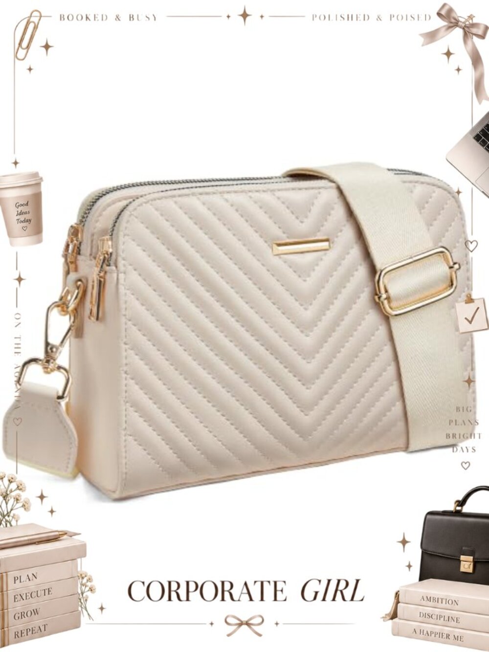 Vegan Leather Chevron Quilted Crossbody Purse Wide Strap